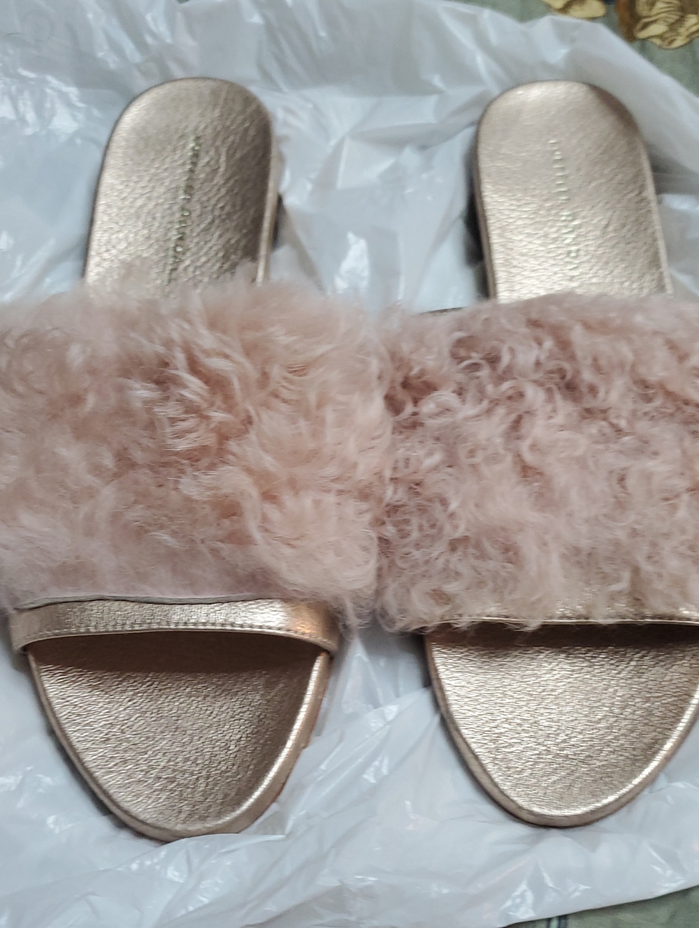 Loeffler Randall Dusty Rose Faux-Fur Slide Sandals with Metallic Footbed